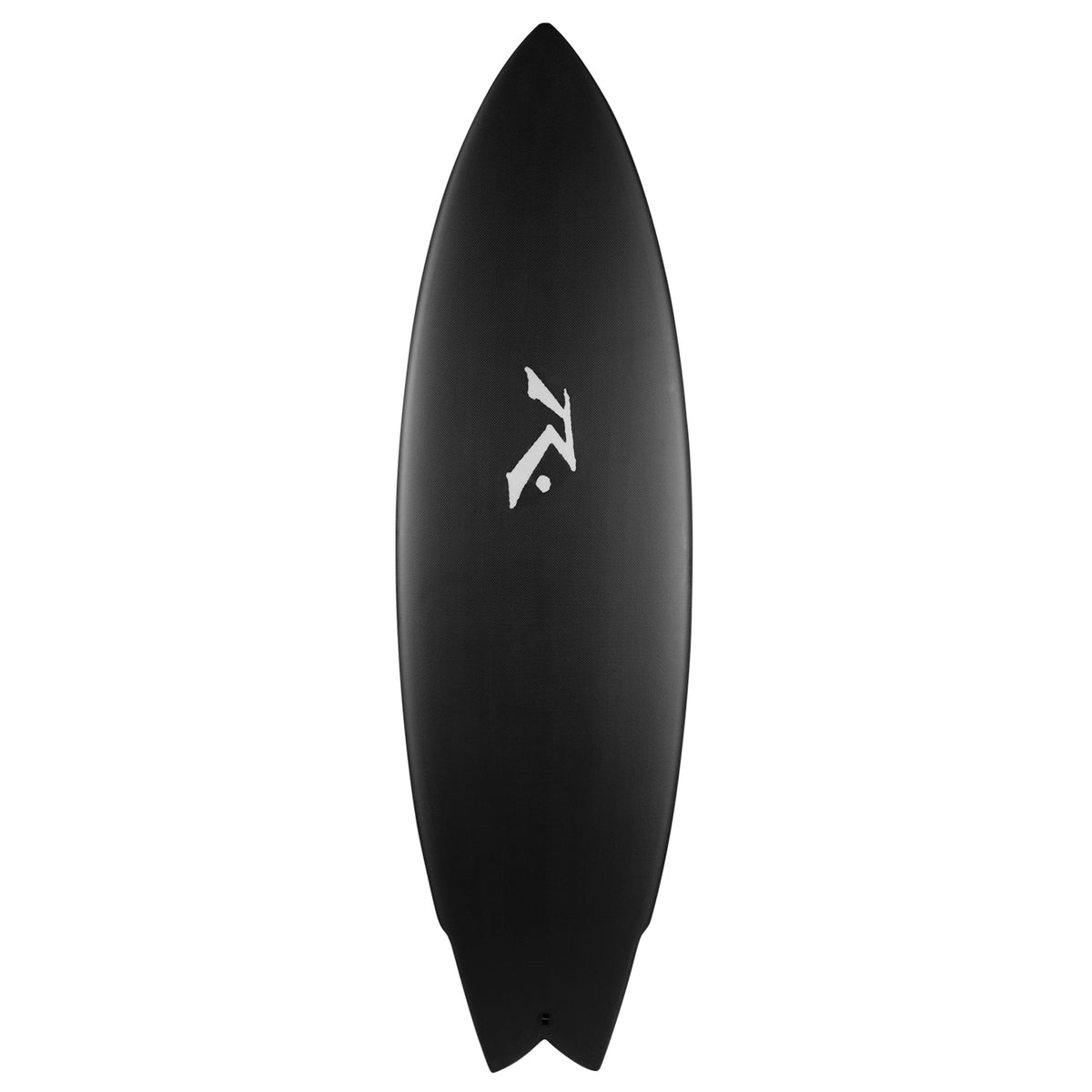 The Deuce Performance Twin Fin Surfboard - Rusty Surfboards + Noel Salas Collaboration - Deck View - Dark Arts Carbon Construction